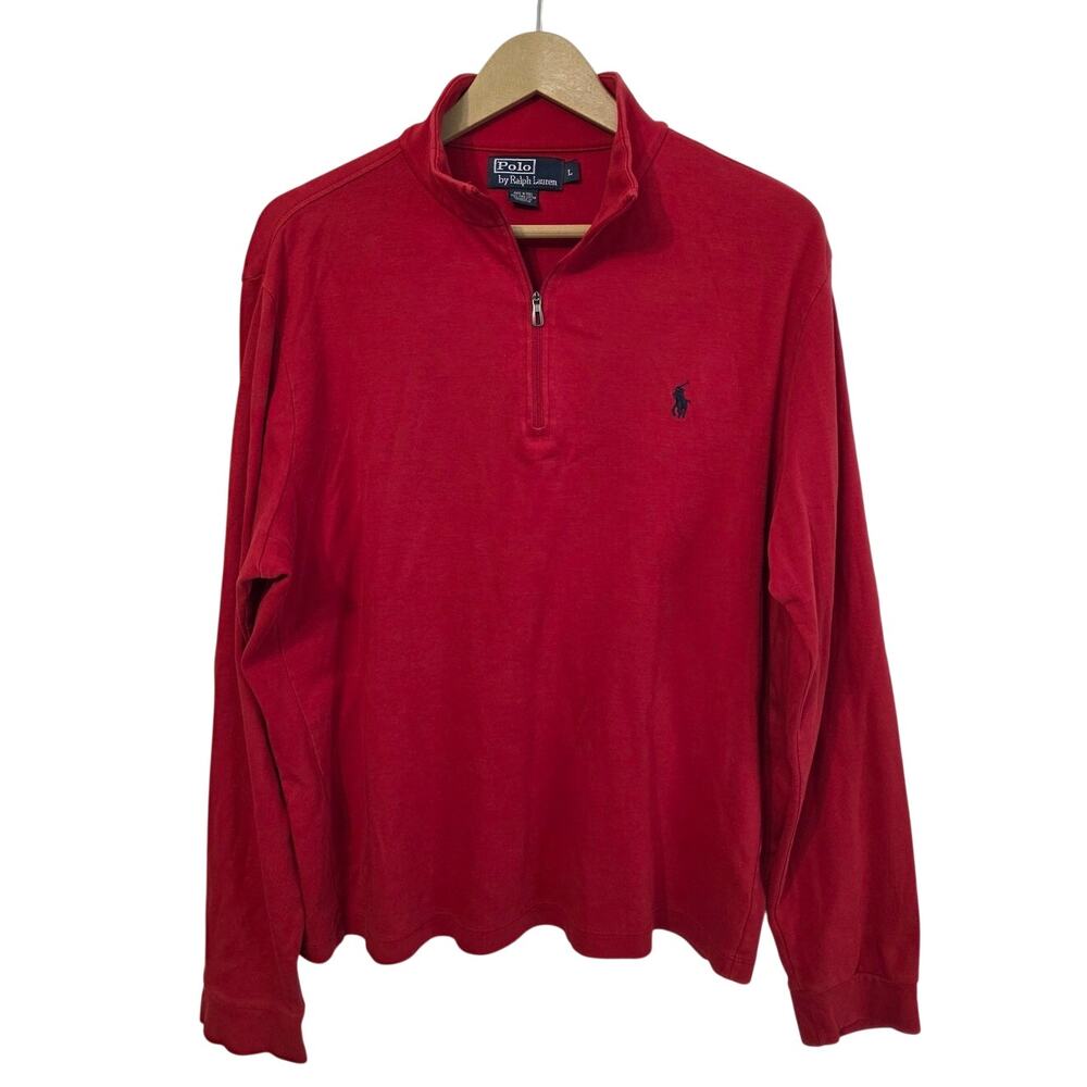 Vtg Polo by Ralph Lauren 100% Pima Cotton Red Quarter Zip Pony Logo Mens L READ